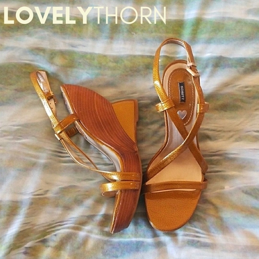 SCHUTZ // ltd ed gold bronze sculpted platform wedge strappy heels